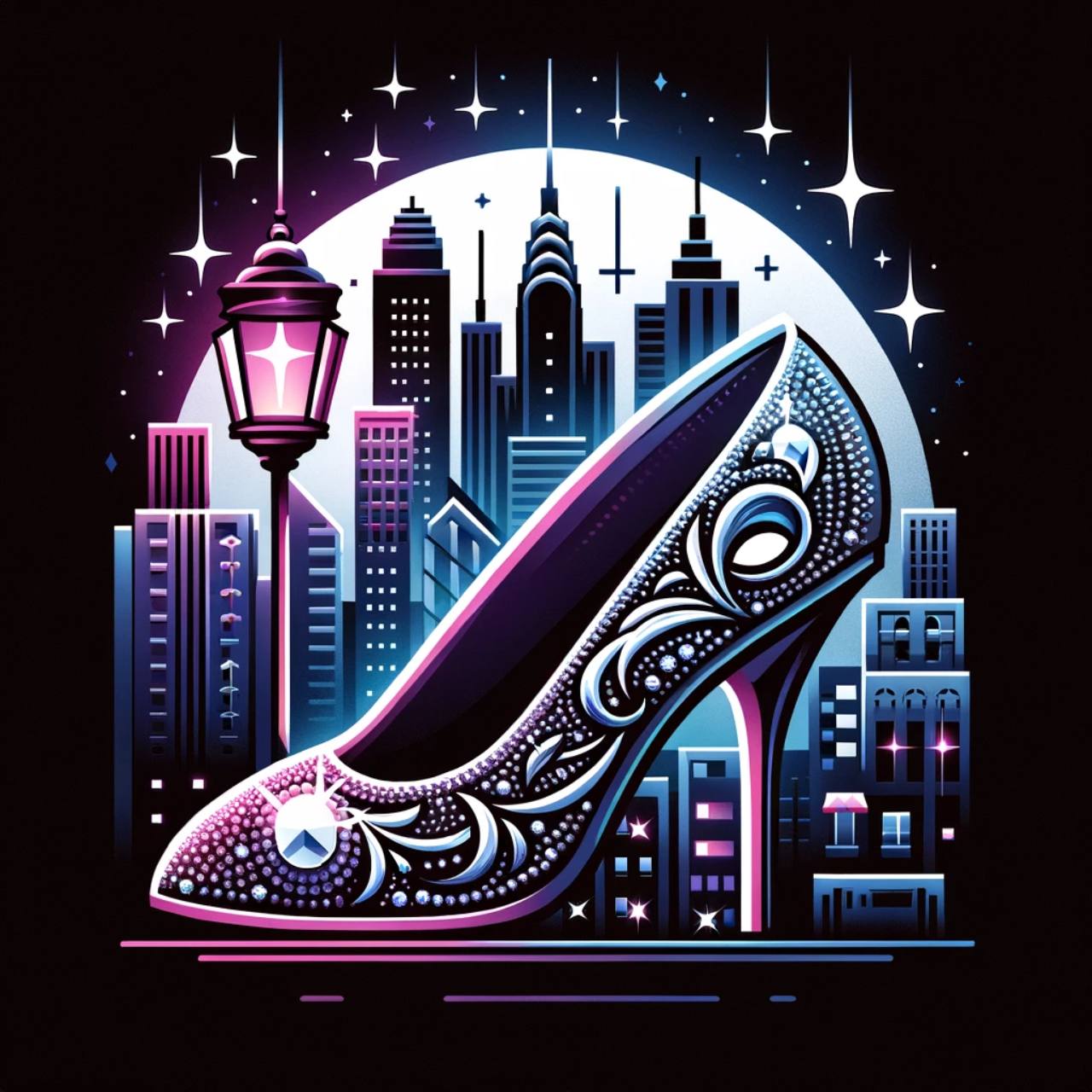 Jeweled theatrical shoe over a neon city skyline